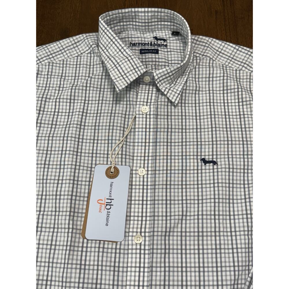 NWT HARMONT & BLAINE Cotton Shirt Light Gray Plaid Striped REGULAR Fit Sz Large